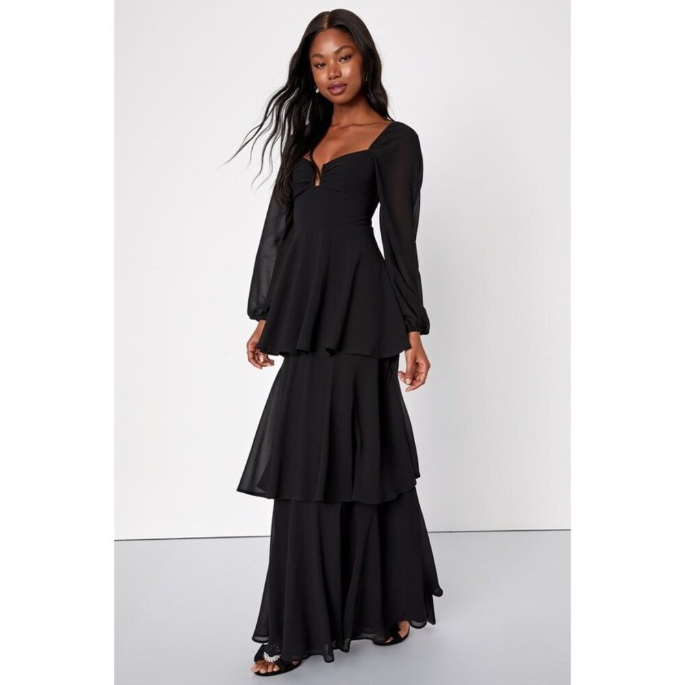 Lulus Tier To Enchant Black Long Sleeve Tiered Maxi Dress - Size XL
